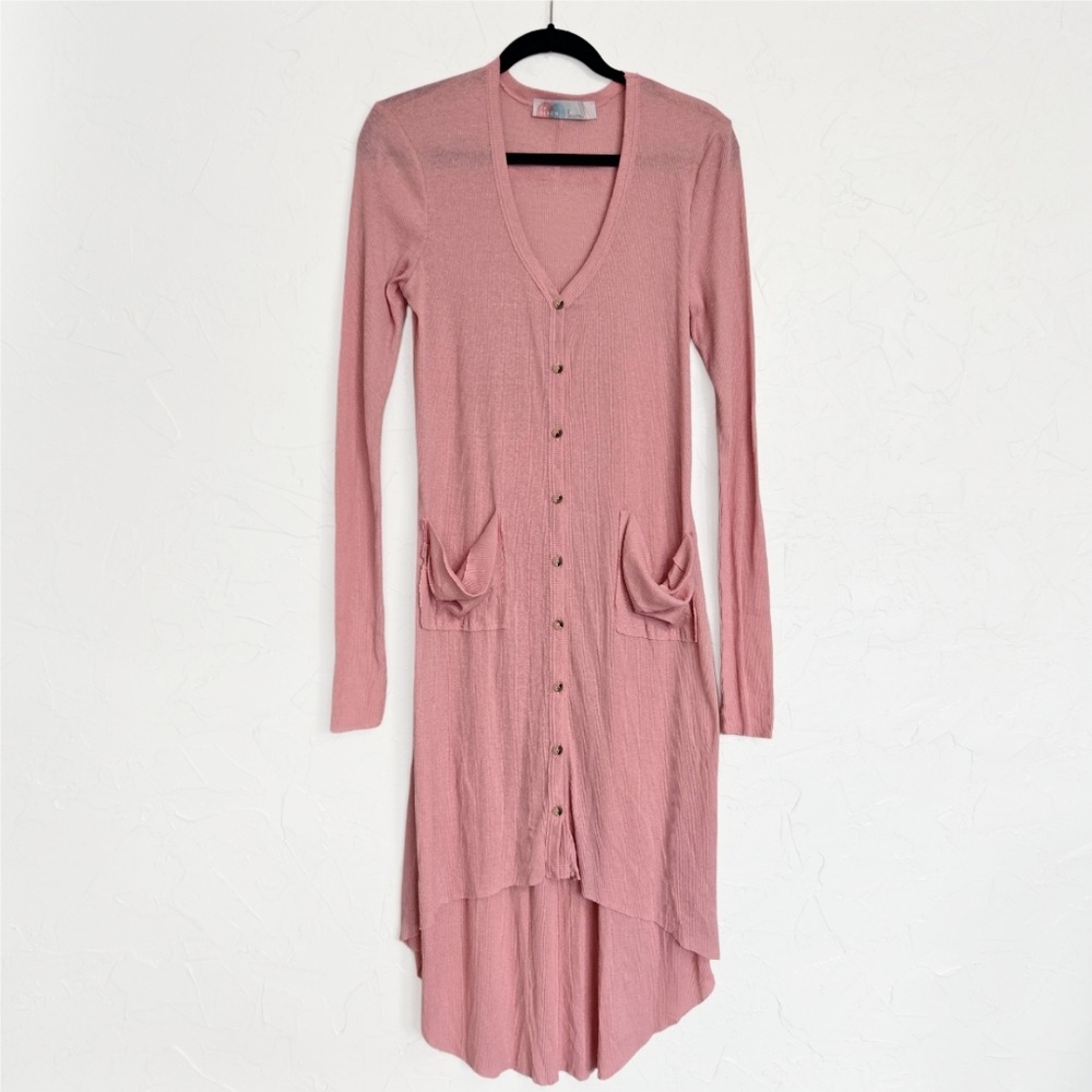 Free People Ribbed Lightweight Button Up Pink Dusted Sweater, L - Picture 2 of 11